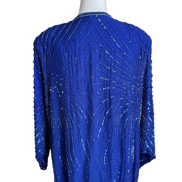 RARE Vintage 80s Judith Ann 2 pc Blue Silk Sequin Beaded Kimono Jacket and Dress - Picture 11 of 16